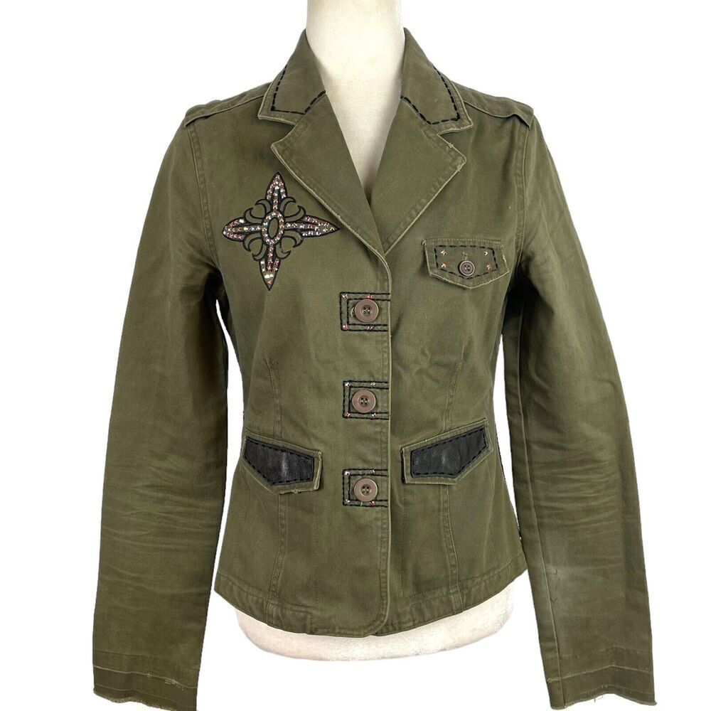 Jaded By Knight Womens Medium Olive Green Egal Leather Military Jacket Studded